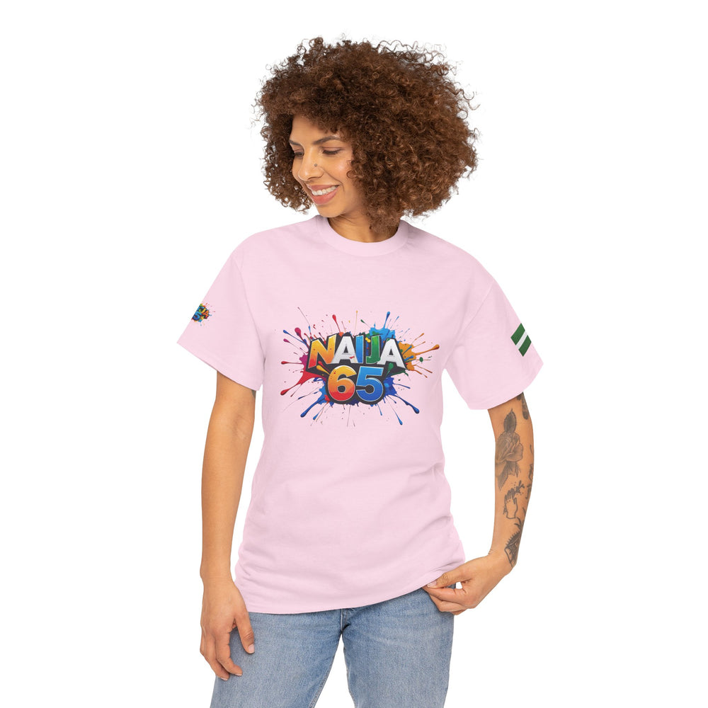 Naija- 65TH INDEPENDENCE Unisex Cotton T-shirt- Pink- Female Model- Front View- Nigerian streetwear fashion from Naija Of Course