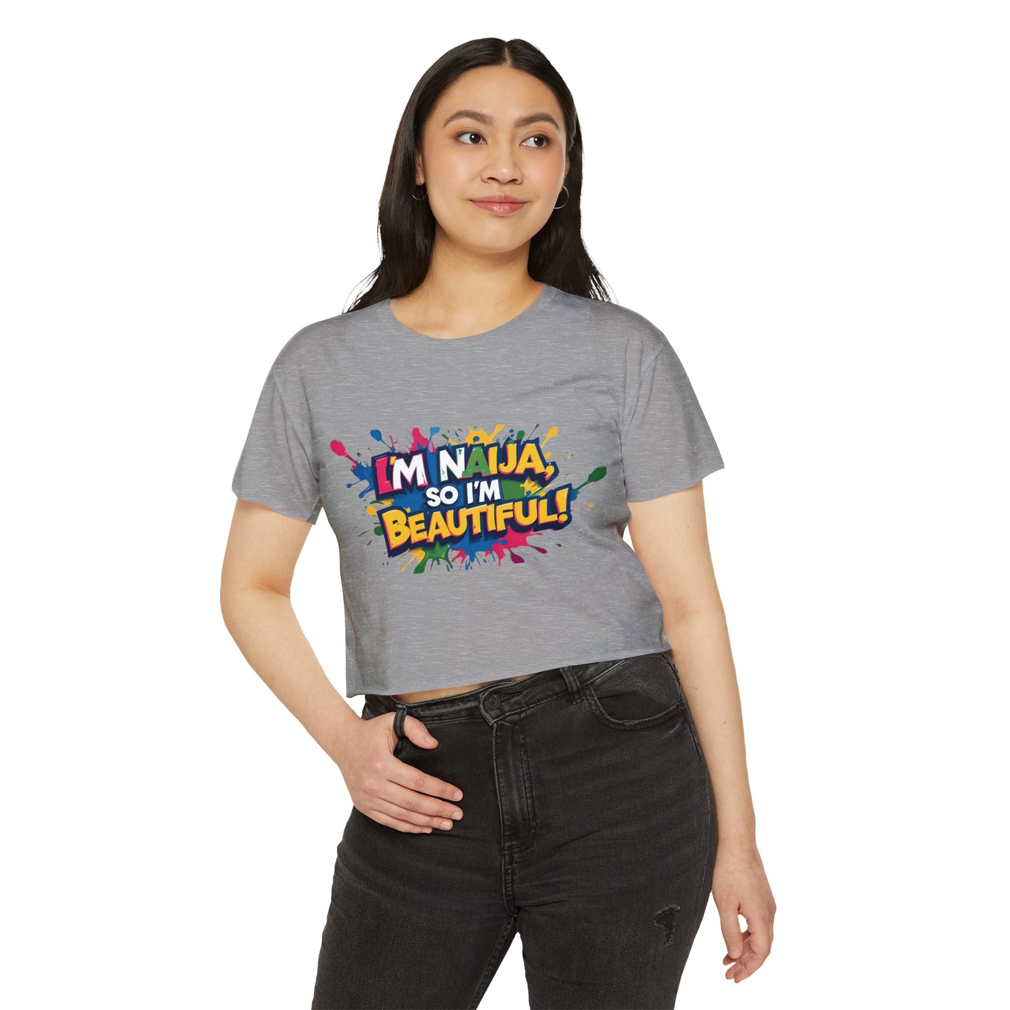 I'm Naija so I'm Beautiful, Grey Cotton T-shirt - Female Model, Naija Of Course streetwear fashion