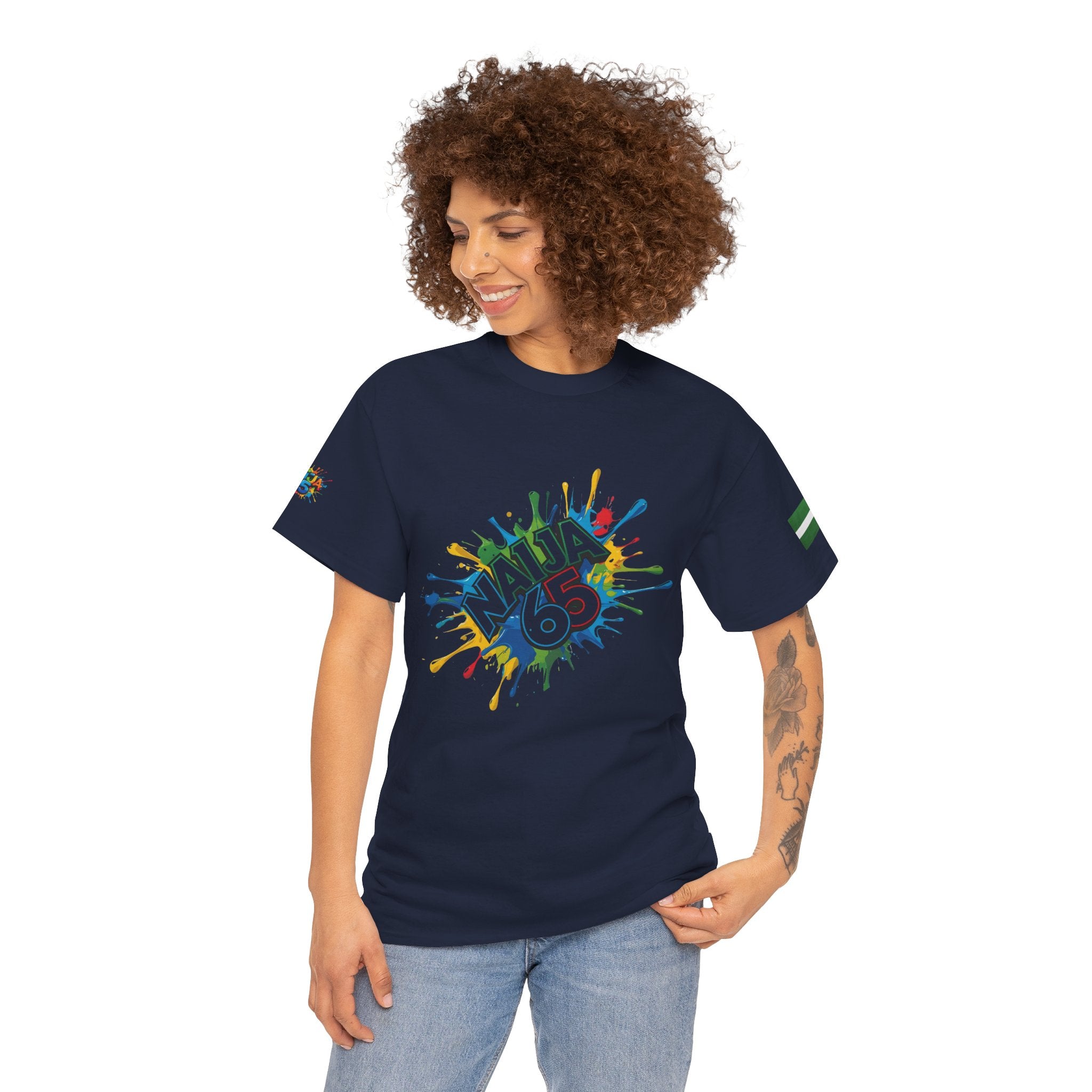 Naija 65TH Independence Unisex Navy Blue Cotton T-shirt- Female Model- Front View- Nigerian streetwear fashion from Naija Of Course