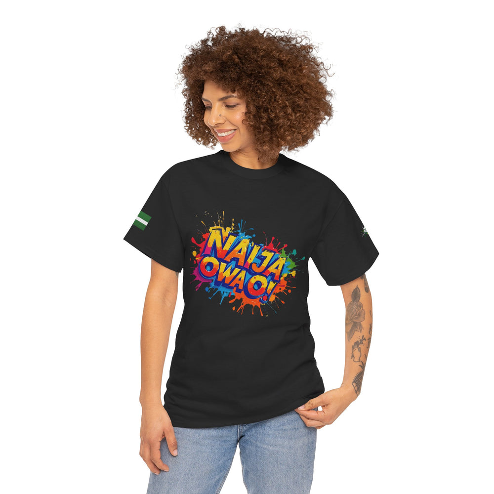 Naija, Owa O,  Unisex Black Cotton T-shirt- Female Model- Front View- Nigerian streetwear fashion from Naija Of Course
