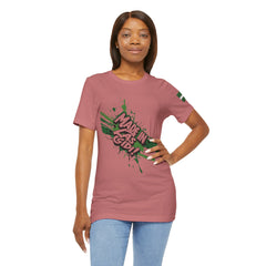 Naija Made in Las Gidi, Unisex Grapefruit Pink T-shirt- Female Model- Front View- Naija Of Course streetwear fashion