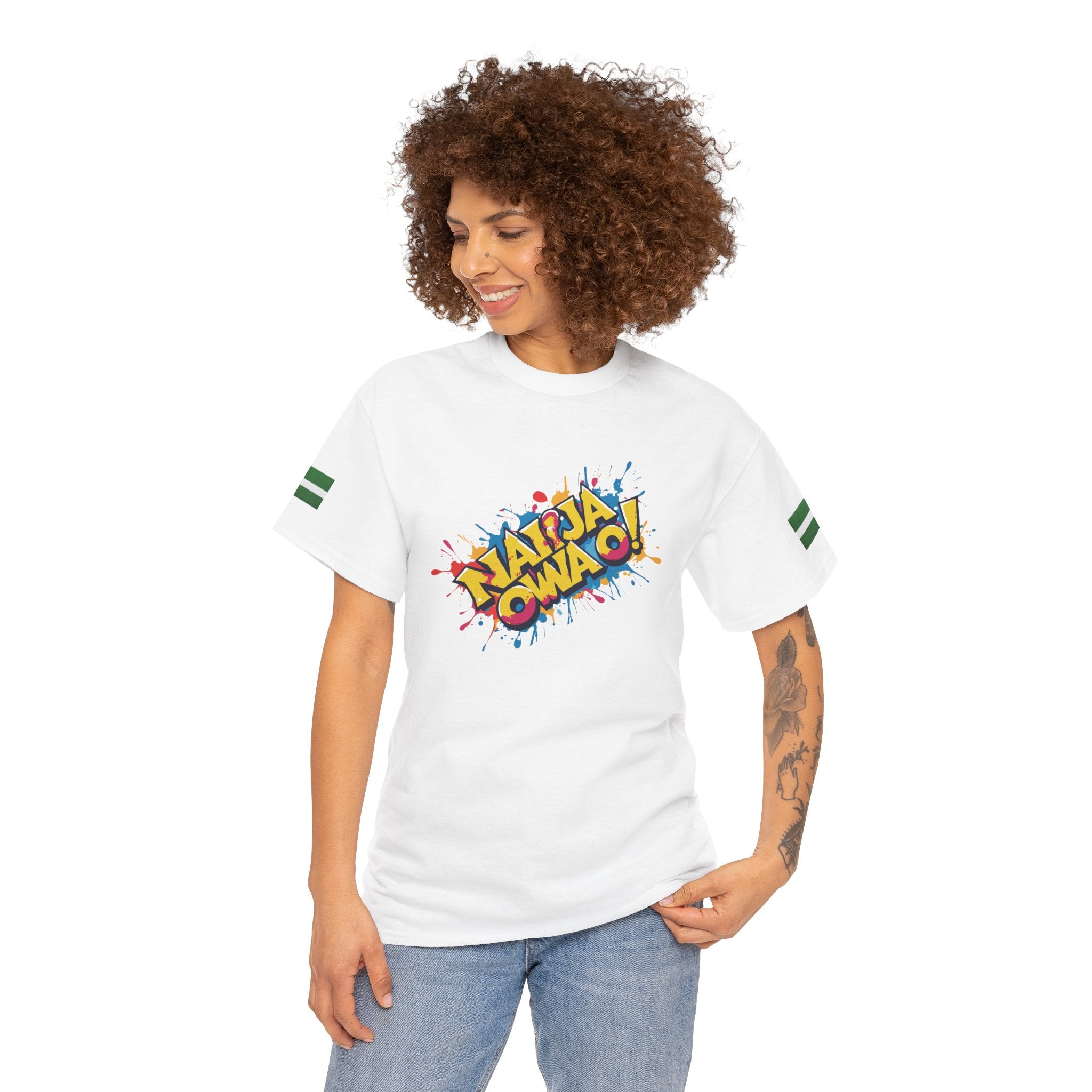 Naija Owa O, Unisex, White Cotton T-shirt- Female Model- Nigerian streetwear fashion from Naija Of Course