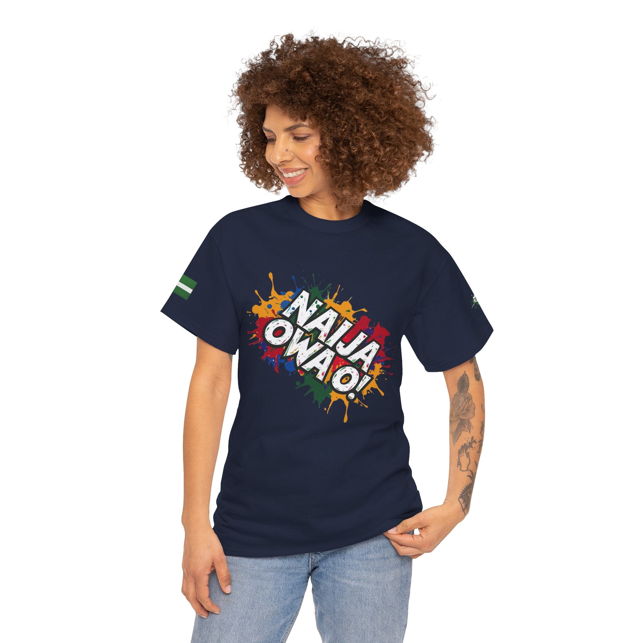 Naija- Owa O,  Unisex Blue Cotton T-shirt- Front View- Nigerian streetwear fashion from Naija Of Course