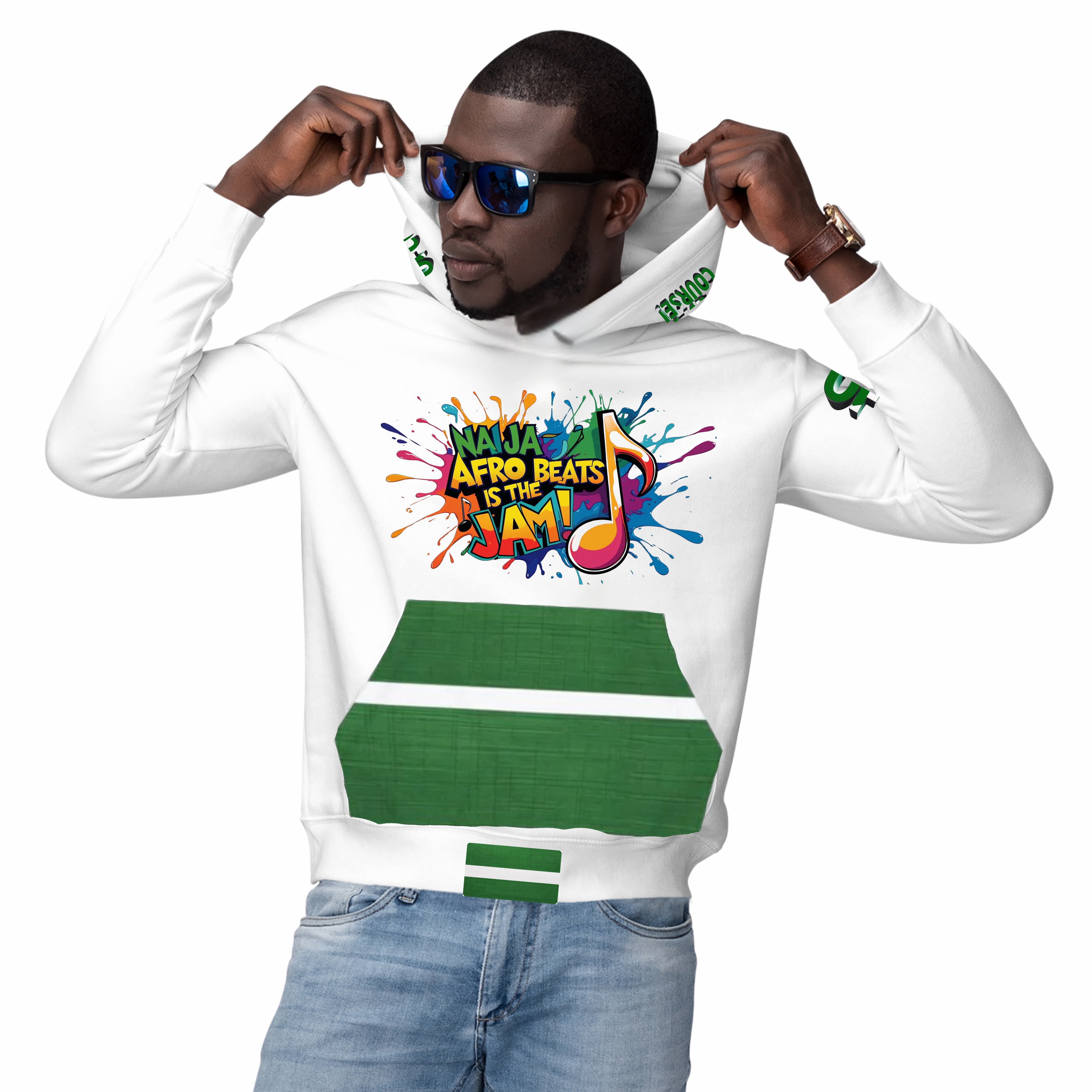 Naija Afro Beats Is The Jam & Of Course- White and Green- Male Model- Front View- Nigerian streetwear fashion from Naija Of Course
