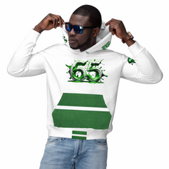 Naija 65 & Of Course Unisex White and Green Hoodie- Male Model- Front View- Nigerian streetwear fashion from Naija Of Course