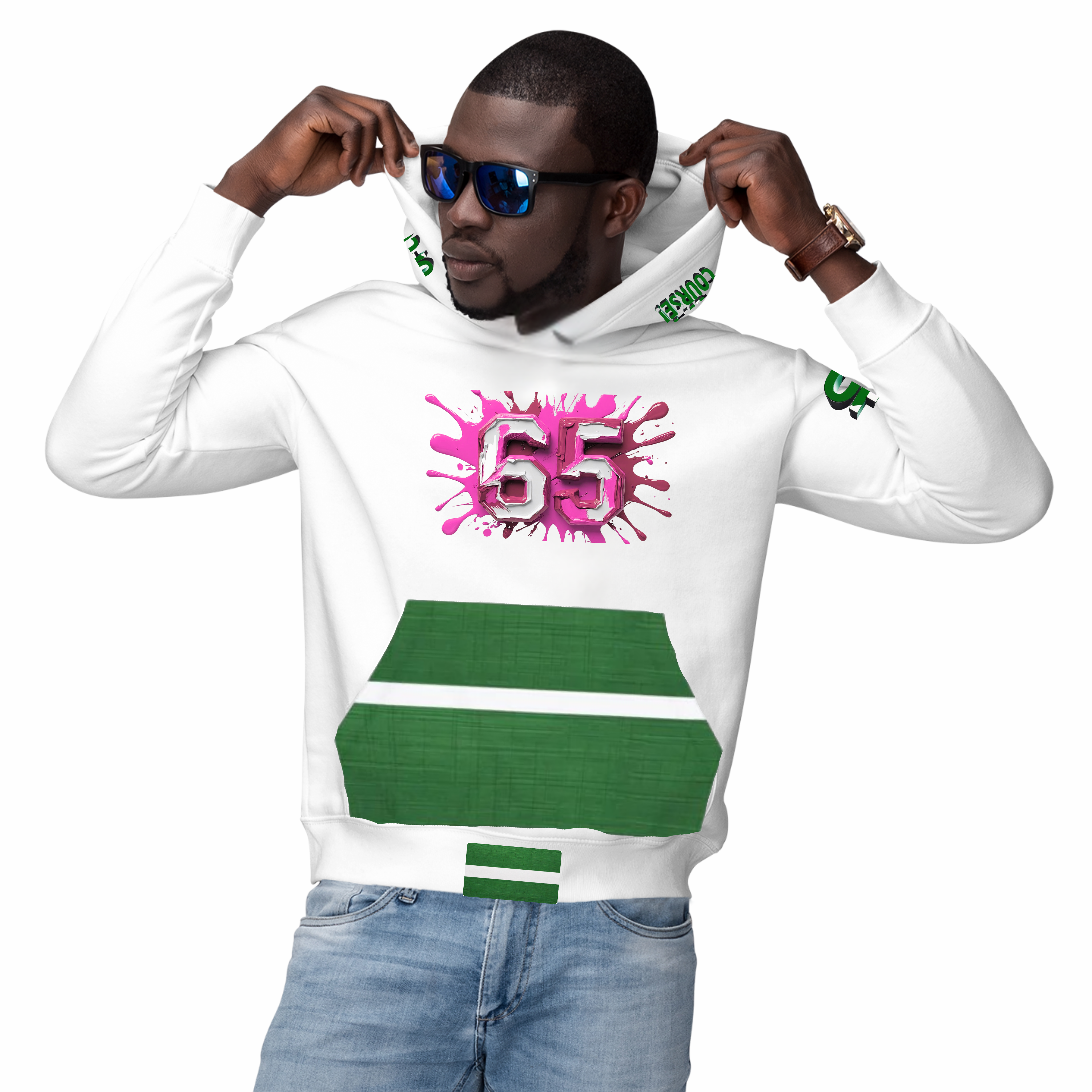 Naija 65th Independence &  Of Course White and Green, with splash Pink 65-Hoodie- Male Model- Front View- Nigerian streetwear fashion from Naija Of Course