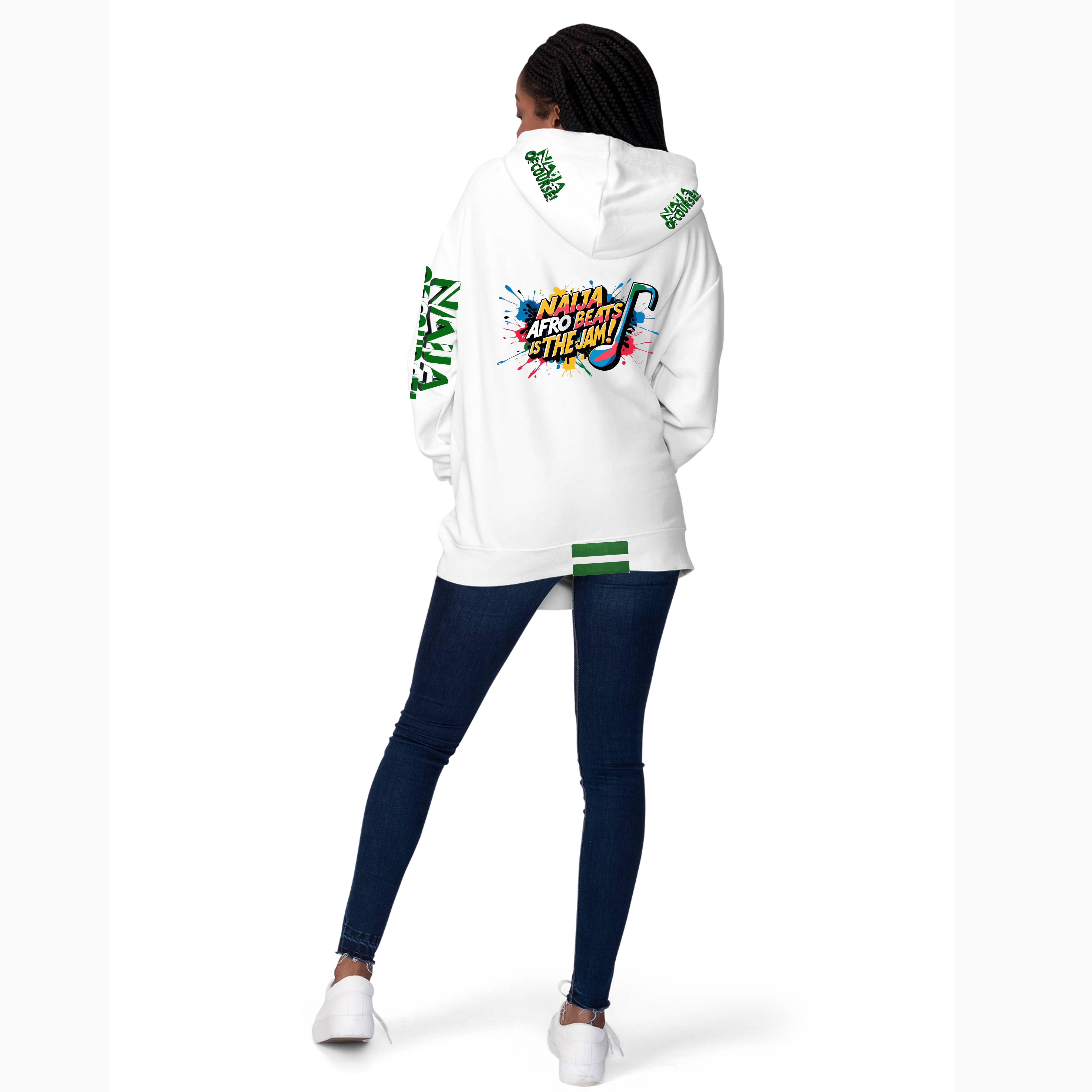 Naija  Afro Beats Is The Jam & Of Course! Hoodie- White and Green- Female model- Nigerian streetwear fashion from Naija Of Course