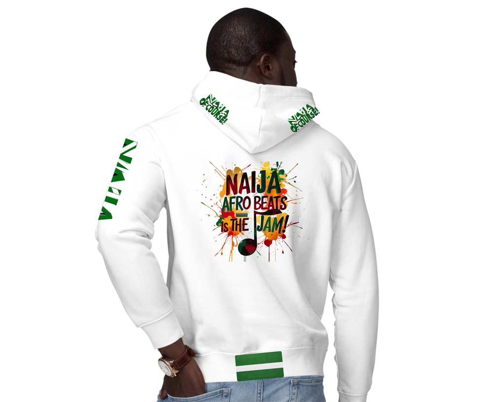 Naija- Afro Beats Is The Jam & Of Course, White and Green Hoodie- Male Model- Back View- Nigerian streetwear fashion from Naija Of Course