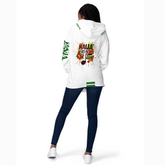 Naija- Afro Beats Is The Jam & Of Course, White and Green Hoodie- Female Model- Back View- Nigerian streetwear fashion from Naija Of Course