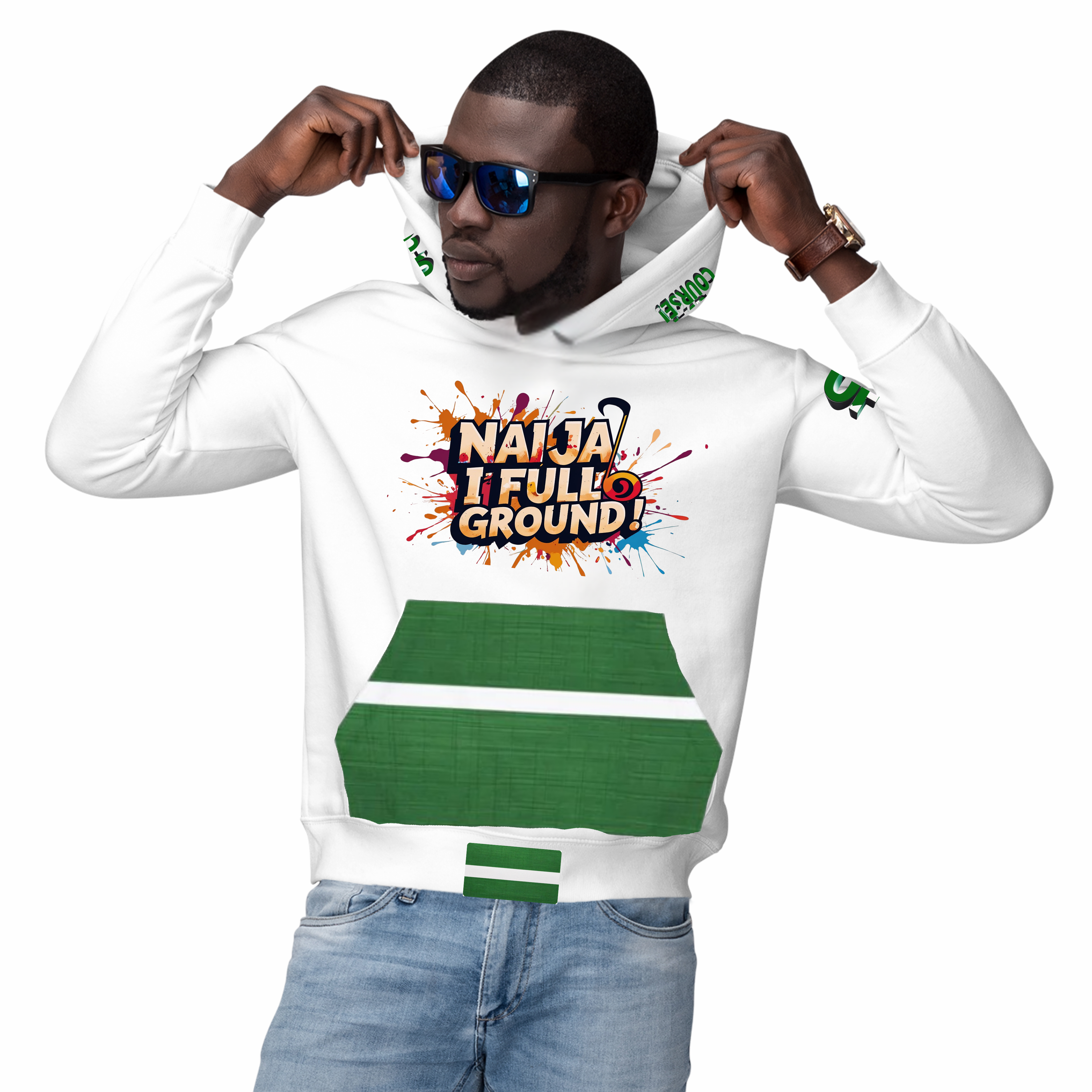 Naija I Full Ground & Of Course Hoodie- White and Green- Male Model- Front View- Nigerian streetwear fashion from Naija Of Course