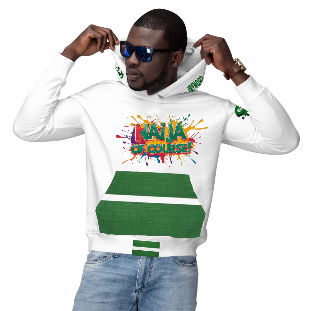 Naija Of Course Colourful Hoodie- White and Green- Male Model- Front View- Nigerian streetwear fashion from Naija Of Course