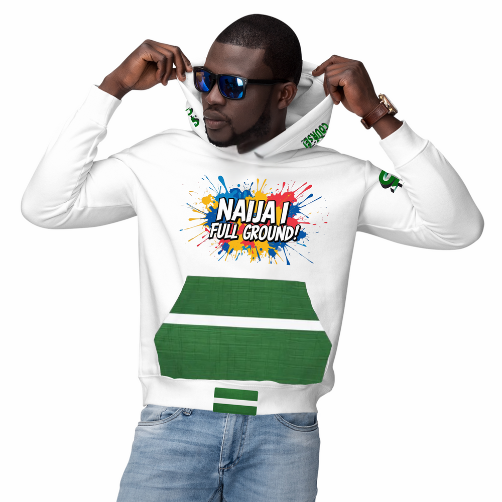 Naija I Full Ground & Of Course , Unisex White and Green Hoodie- Male Model- Front View- Nigerian streetwear fashion from Naija Of Course