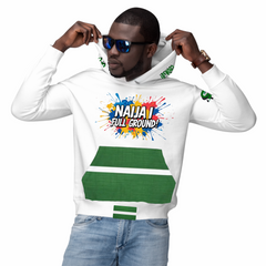 Naija I Full Ground & Of Course , Unisex White and Green Hoodie- Male Model- Front View- Nigerian streetwear fashion from Naija Of Course