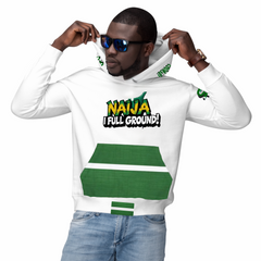 Naija, I Full Ground & Of Course, White and Green Unisex Hoodie- Male Model- Front View- Nigerian streetwear fashion from Naija Of Course