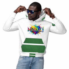 Naija Love & Of Course! White and Green Unisex Hoodie with Nigerian slogan. Male Model- Front View