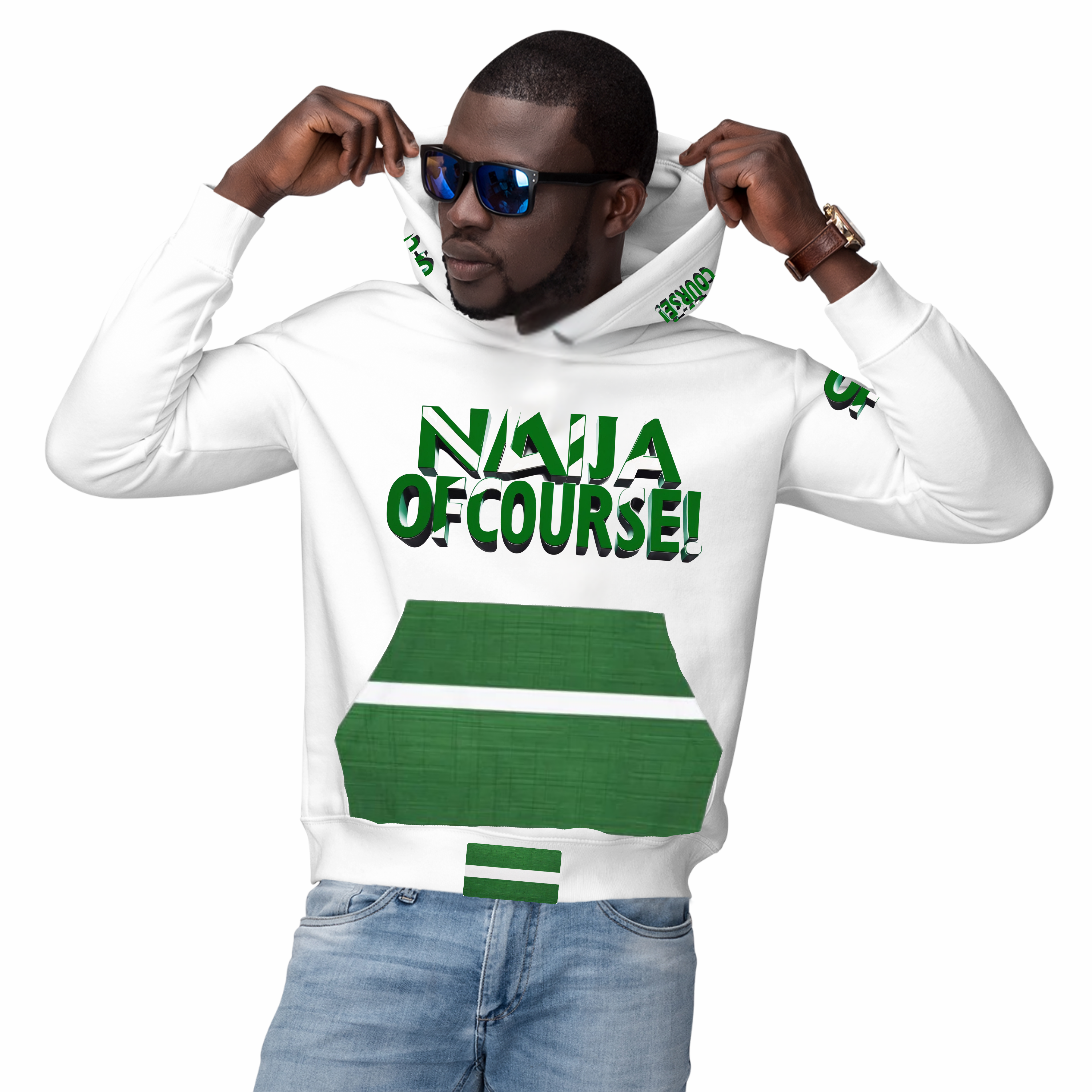 Naija- Afro Beats Is The Jam & Of Course, White and Green Hoodie- Male Model- Front View- Nigerian streetwear fashion from Naija Of Course