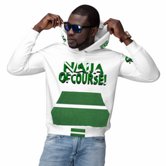 Naija- Afro Beats Is The Jam & Of Course, White and Green Hoodie- Male Model- Front View- Nigerian streetwear fashion from Naija Of Course