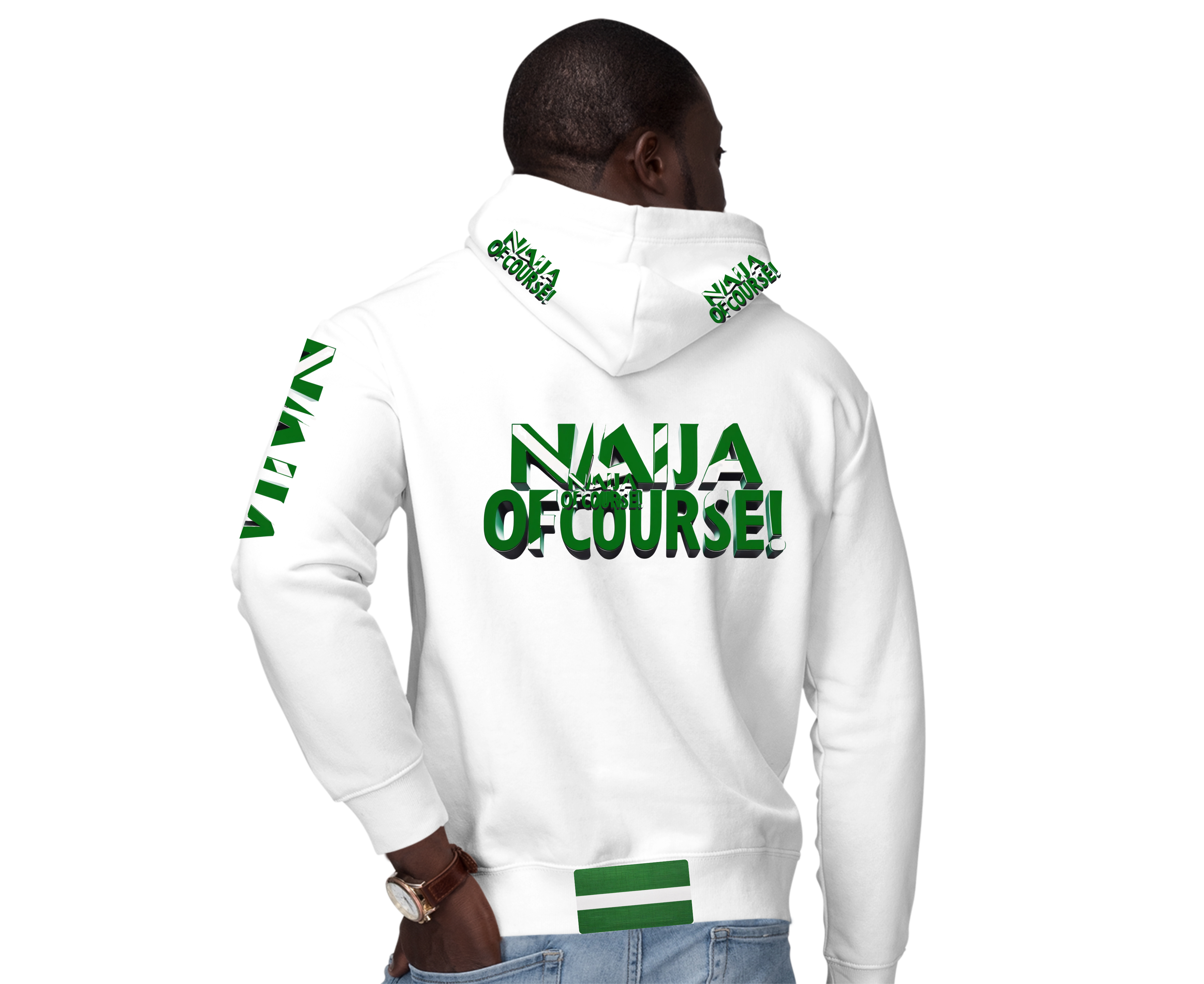 Naija 65th Independence &  Of Course White and Green, with splash Pink 65-Hoodie- Male Model- Back View- Nigerian streetwear fashion from Naija Of Course