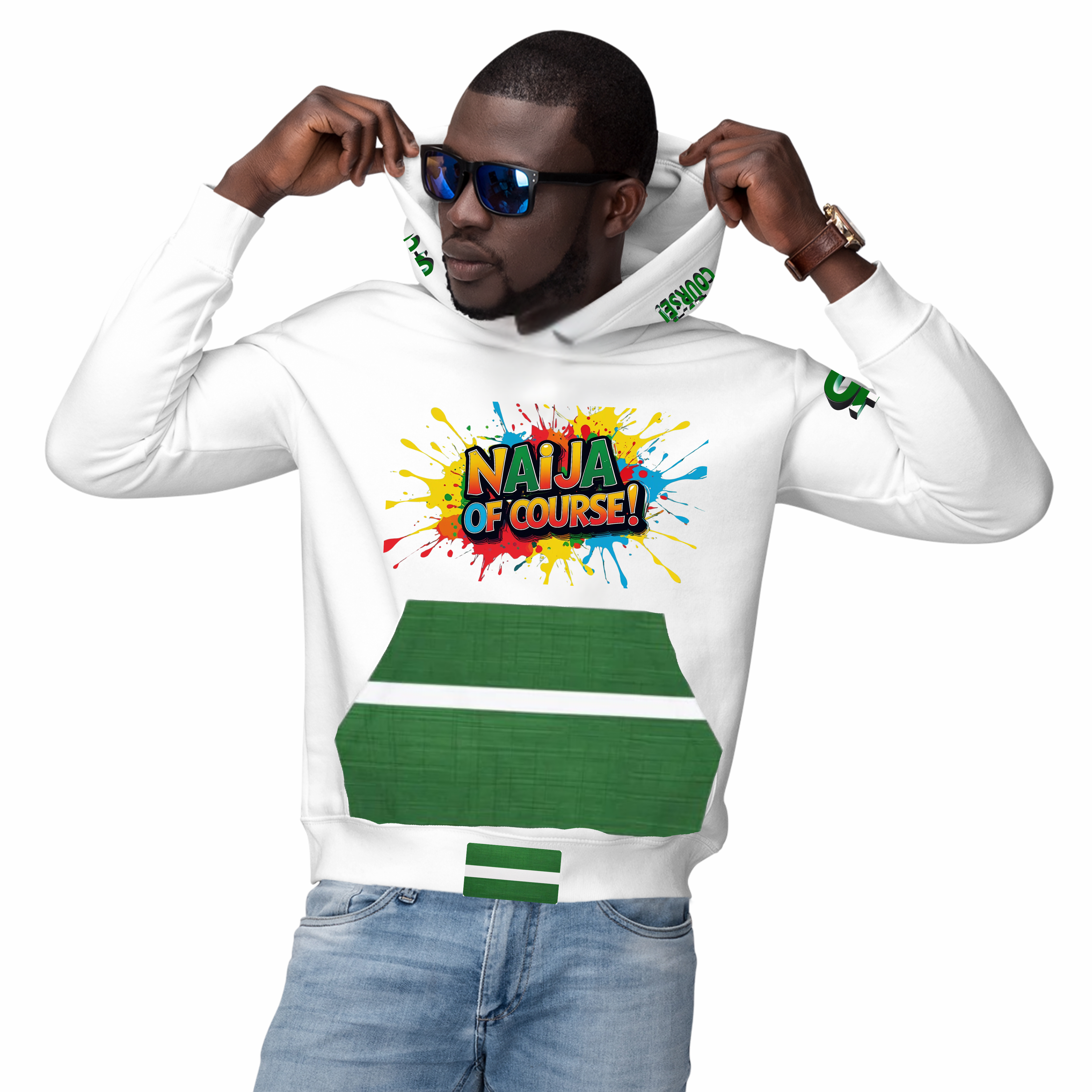 Naija Of Course Colourful Hoodie- White and Green- Male Model- Front View- Nigerian streetwear fashion from Naija Of Course