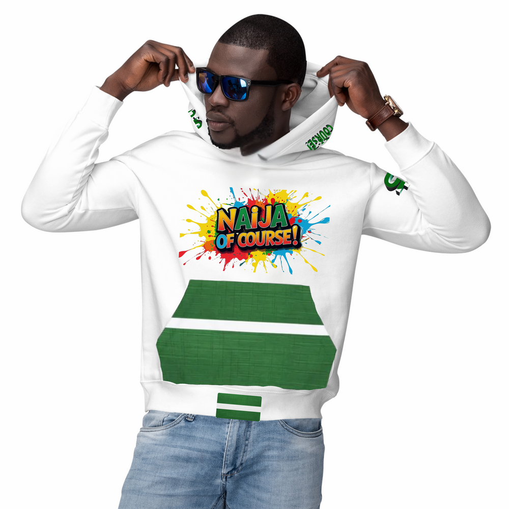 Naija Of Course Colourful Hoodie- White and Green- Male Model- Front View- Nigerian streetwear fashion from Naija Of Course