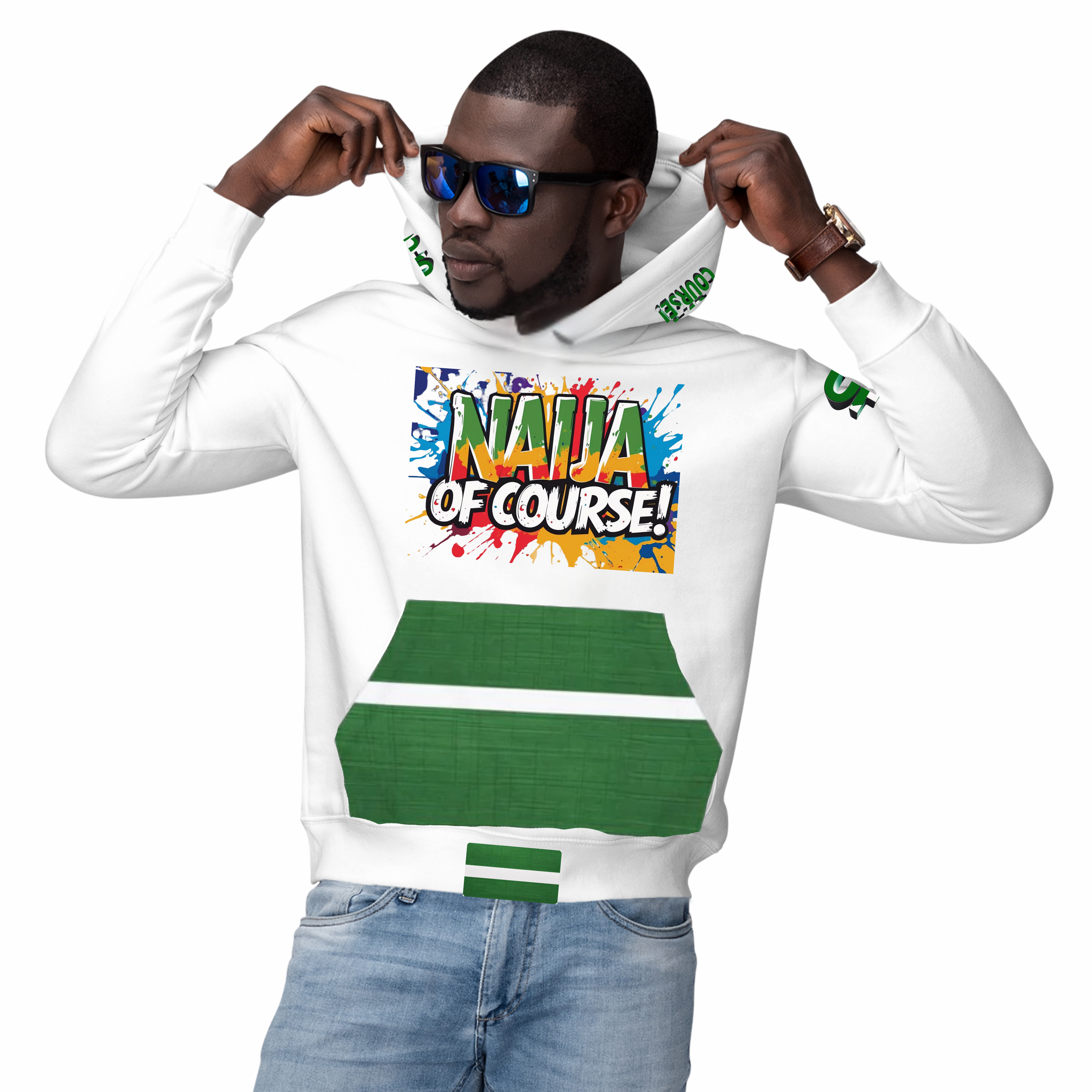 Naija- Of Course Colourful, Green and White  Unisex Hoodie- Male Model- Front View- Nigerian streetwear fashion from Naija Of Course