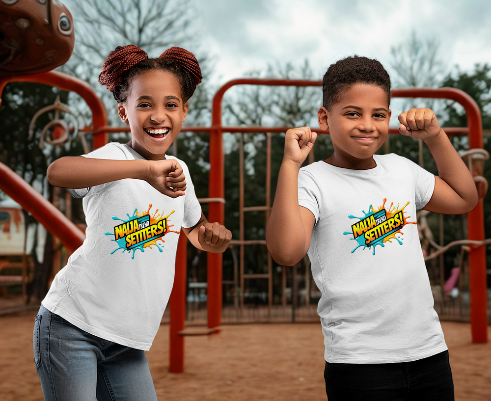 Naija Trend Setters Kids White T-shirt with Nigerian streetwear slogan.