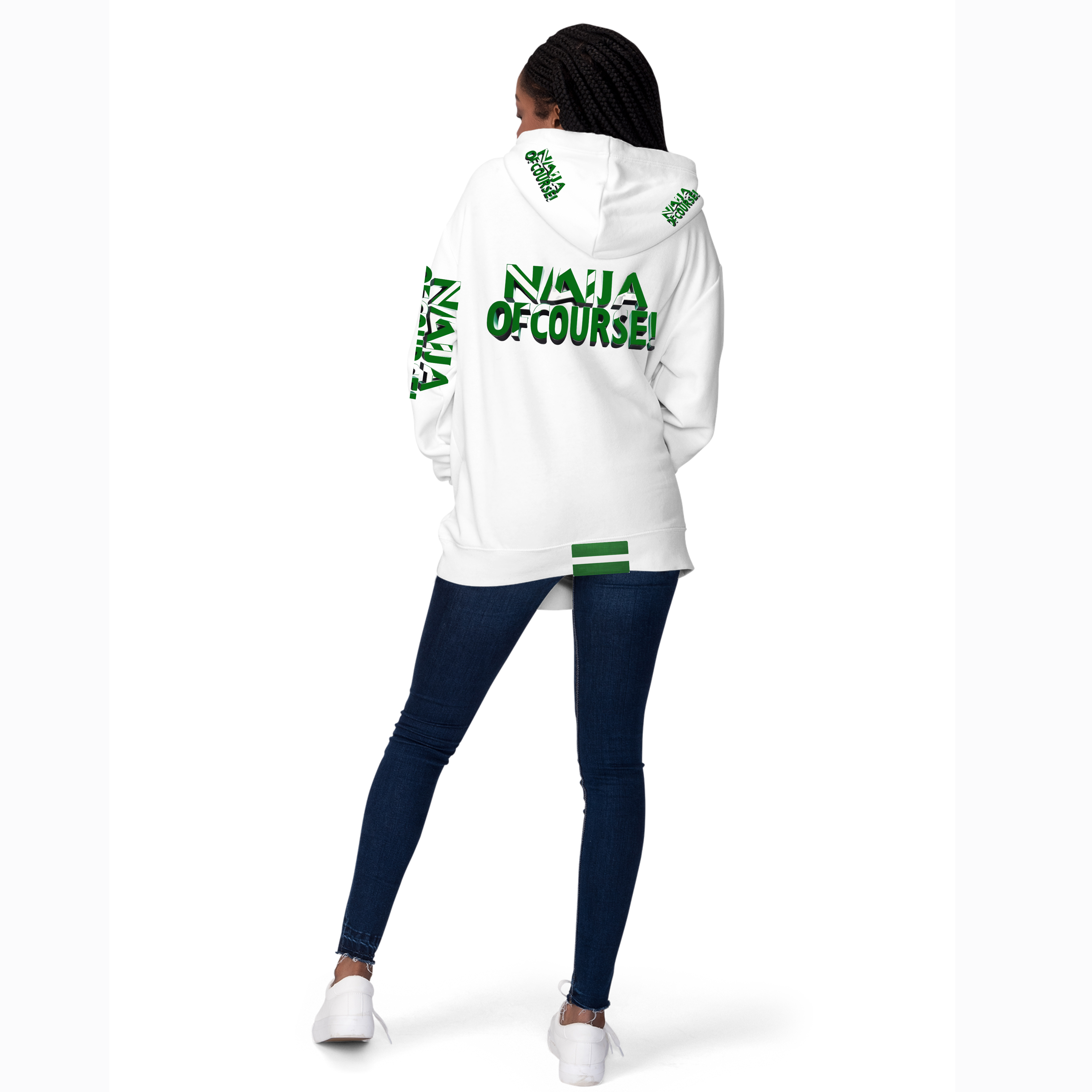 Naija Love & Of Course! White and Green Unisex Hoodie with Nigerian slogan. Female Model- Back View