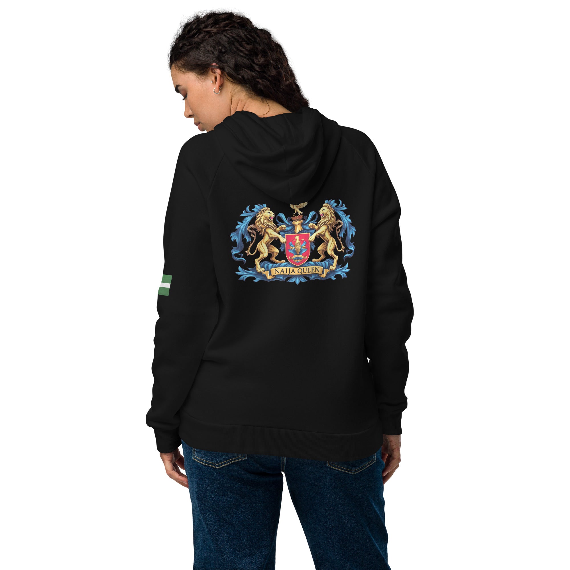Naija Queen Under Armour® hoodie - Naija Of Course Fashion, female model, back view, black hoodie