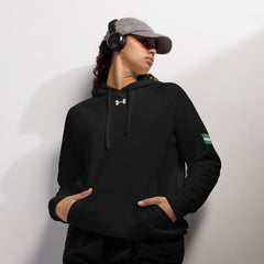 Naija Keep Calm & Hustle Under Armour® hoodie - Naija Of Course Fashion- black hoodie- front view- female model- hands in pocket