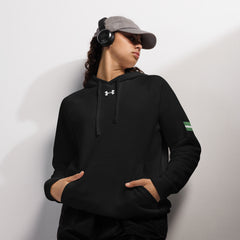 Naija Jealous Me Not Under Armour® hoodie - Naija Of Course Fashion, female model wearing a cap and headphones, front view