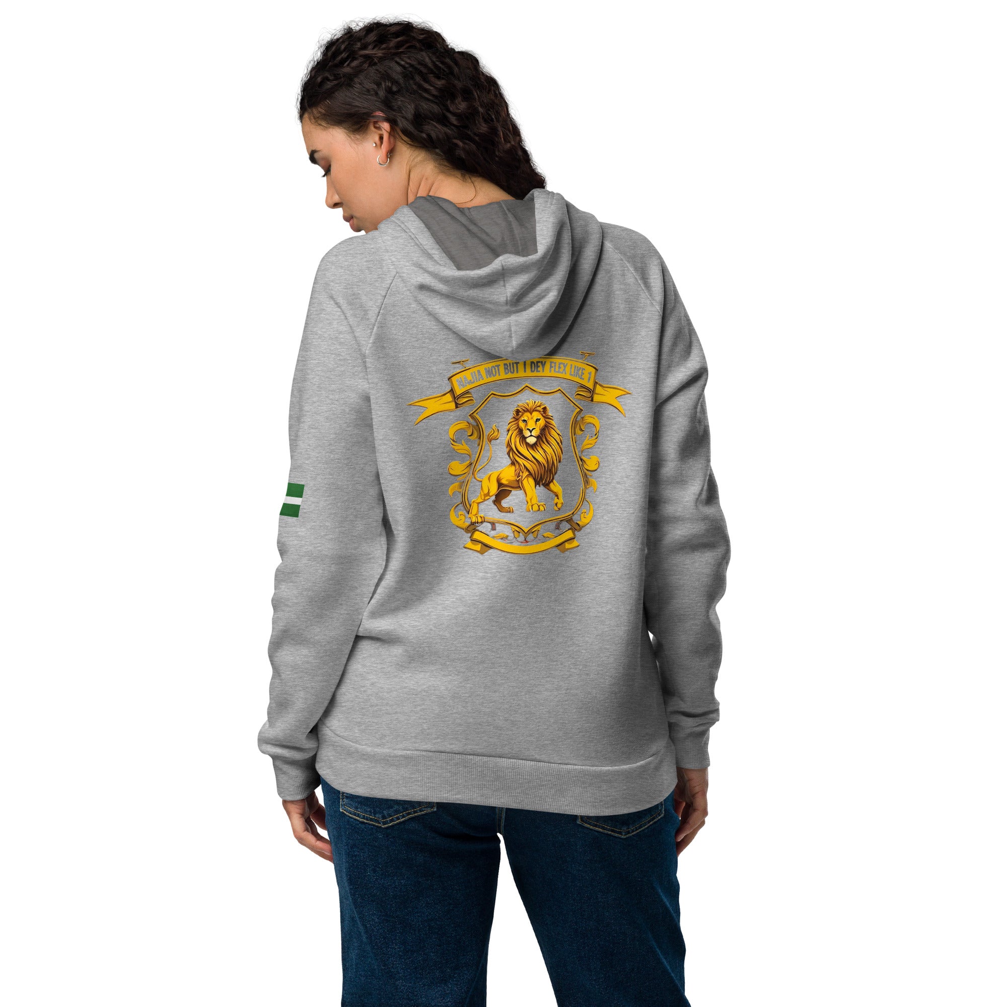 Naija Not But I Dey Flex Like 1 Under Armour® hoodie - Naija Of Course Fashion, Female model, back view, grey hoodie