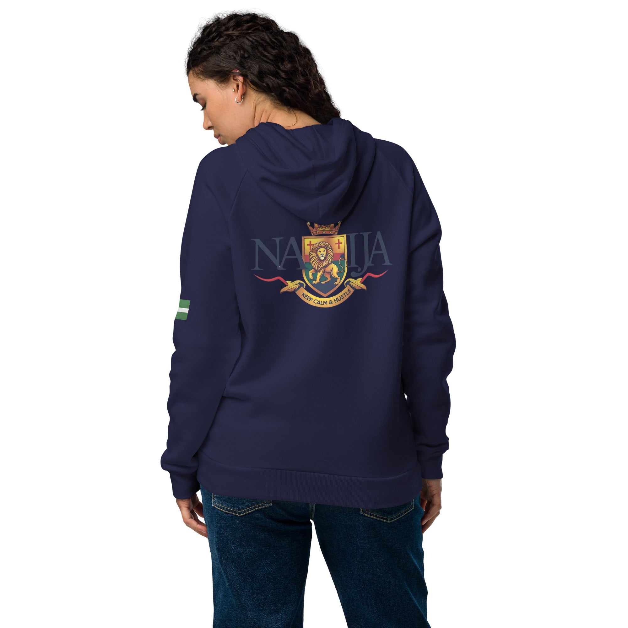 Naija, Keep Calm & Hustle Under Armour® hoodie - Naija Of Course Fashion, back view, blue hoodie, female model