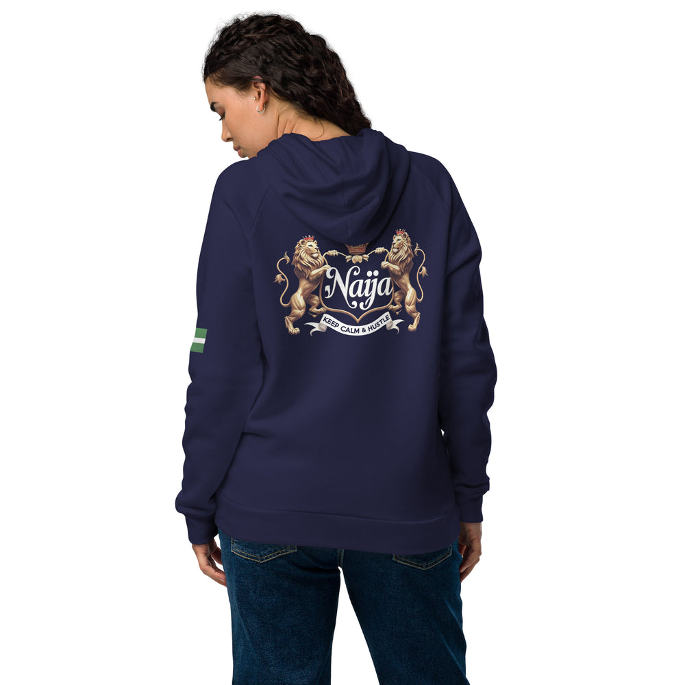 Naija Keep Calm & Hustle Under Armour® hoodie - Naija Of Course Fashion- blue hoodie- back view- female model looking down at the floor.