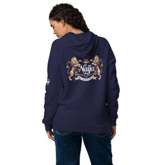 Naija Keep Calm & Hustle Under Armour® hoodie - Naija Of Course Fashion- blue hoodie- back view- female model looking down at the floor.