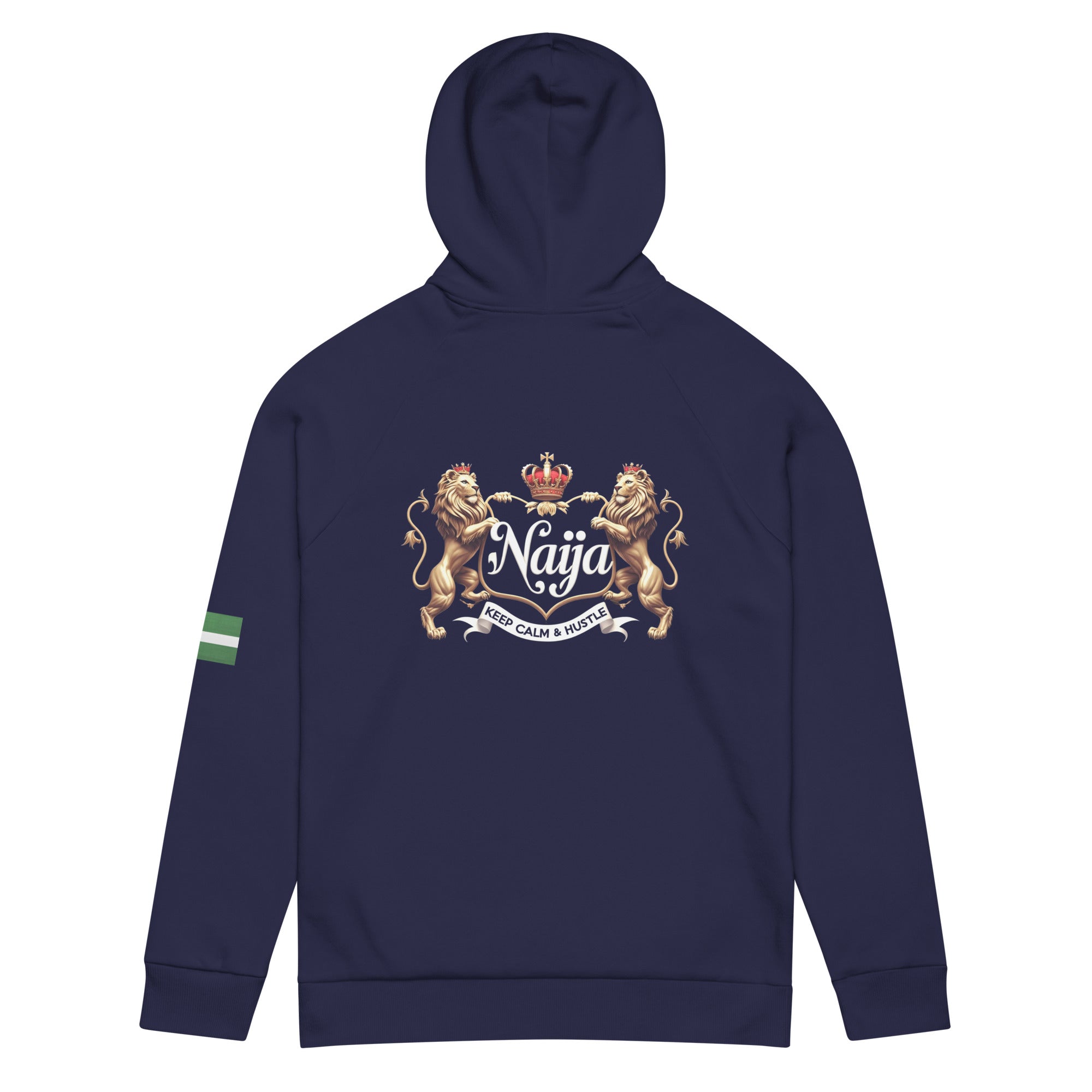 Naija Keep Calm & Hustle Under Armour® hoodie - Naija Of Course Fashion- ghost hoodie, back view, Nigerian flag colour on left arm