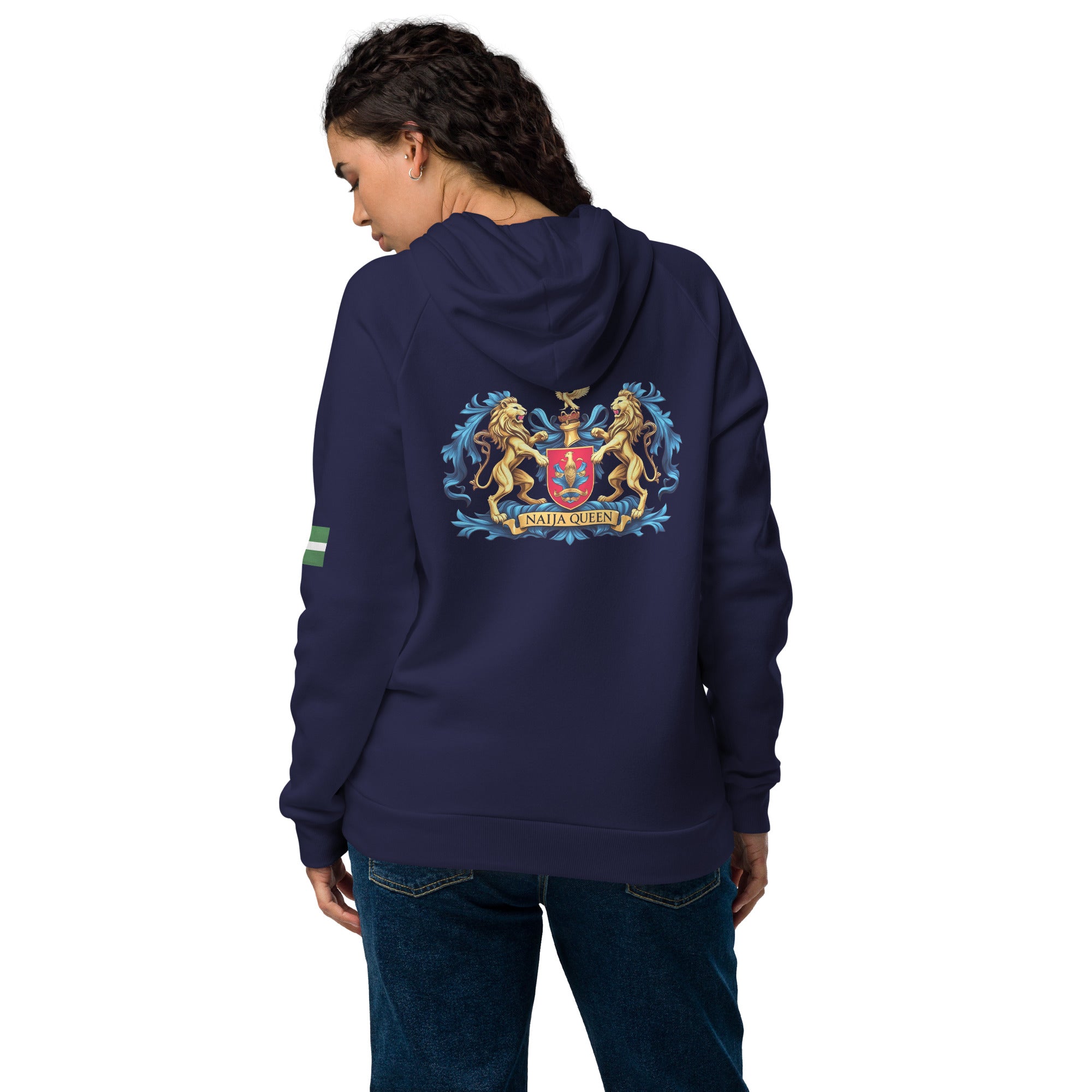 Naija Queen Under Armour® hoodie - Naija Of Course Fashion, female model, back view, blue hoodie