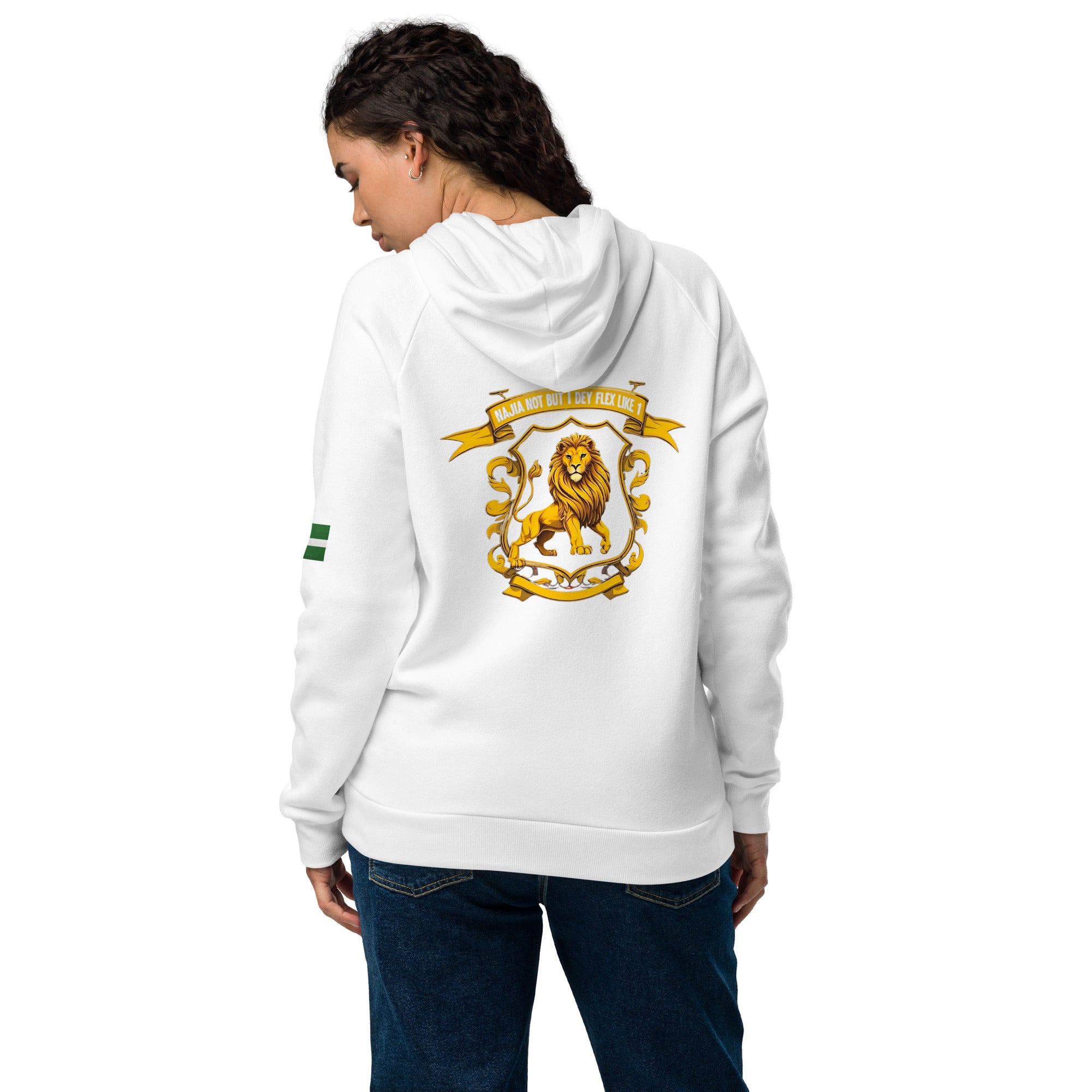Naija Not But I Dey Flex Like 1 Under Armour® hoodie - Naija Of Course Fashion, Female model, White hoodie, back view