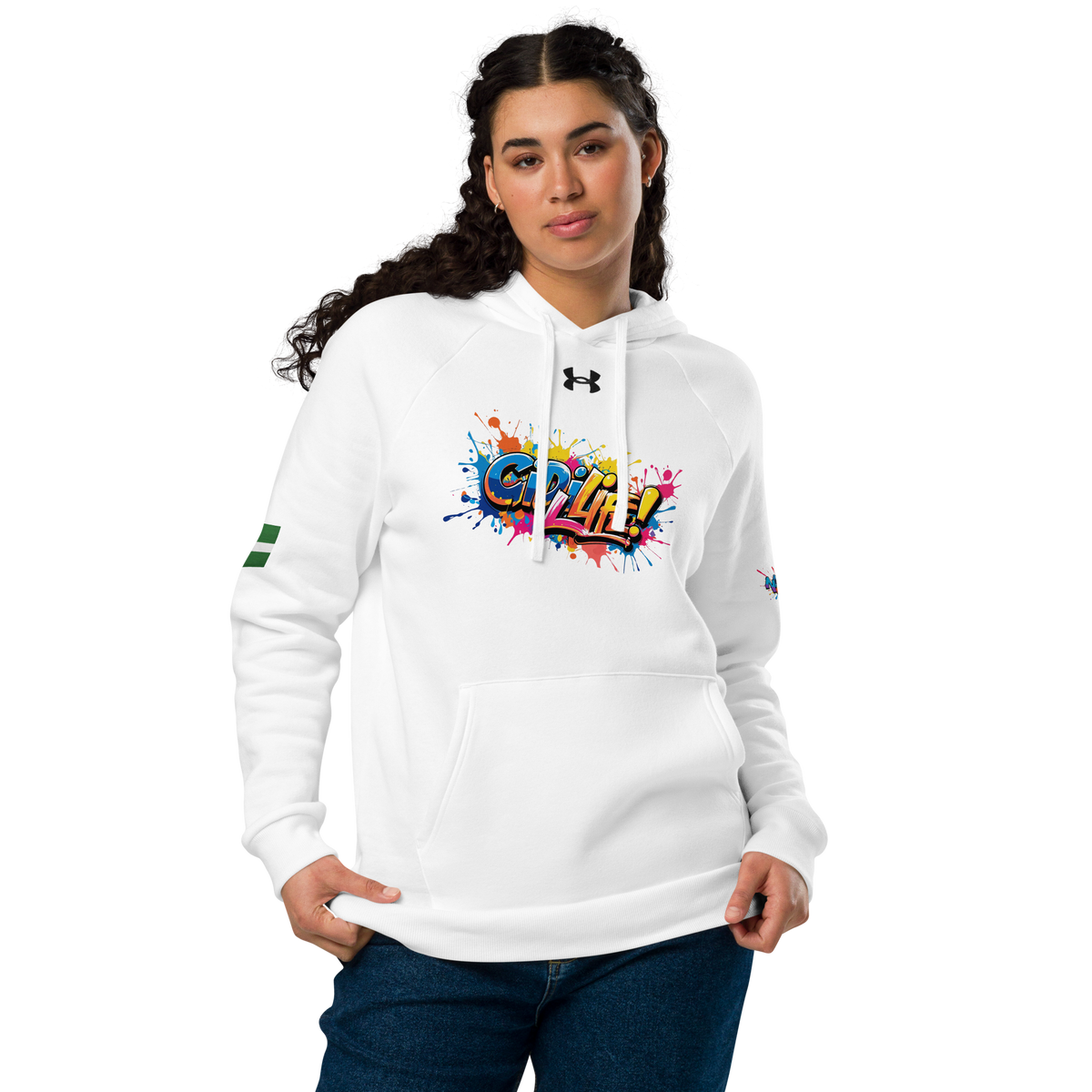 Gidi Life & Naija Power Under Armour® hoodie - Naija Of Course Fashion, white hoodie- front view